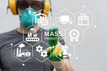 Mass Production Industry Optimization Business concept. Engineer using virtual touch screen sees...