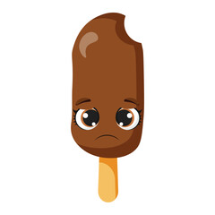 Chocolate ice cream bar with sad facial expression and bite mark, suitable for food designs, kids illustrations, summer party themes, menu decorations, dessert concepts