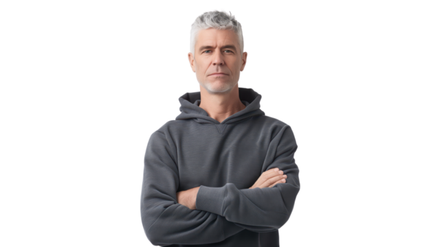 Mature Man in Gray Hoodie with Crossed Arms