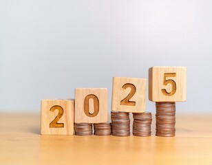 The number 2025 displayed on wooden cubes alongside a stack of growth coins, symbolizing financial planning for the year ahead. Ideal for concepts of savings, budgeting, tax planning, investments, and