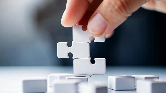 Close-up of a hand placing a white puzzle piece onto a table with scattered pieces, symbolizing problem-solving