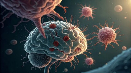 A detailed illustration of a brain with virus-like structures, highlighting the interaction between neural cells and pathogens.