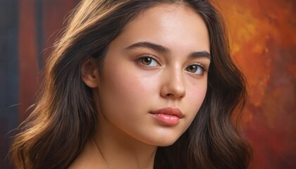 Obraz premium Stunning Portrait of a Young Woman with Long Brown Hair and Subtle Makeup, Captivating Gaze and Soft Lighting