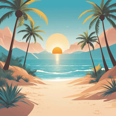Obraz premium Adobe Illustrator ATropical Beach Paradise at Sunset rtwork