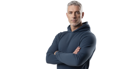 Confident Middle-Aged Man in Blue Hoodie with Crossed Arms