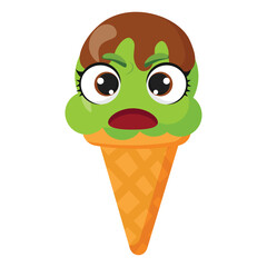 Disgusted green ice cream cone character with a frown Repulsed frozen dessert illustration Funny summer treat graphic with an icky expression Adorable fruity snack in a waffle cone