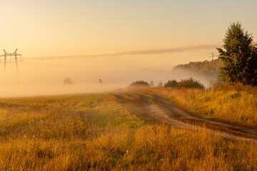 Picturesque view of landscape against sky in foggy weather. Warm autumn morning. Picturesque view of road in field against sky during sunrise