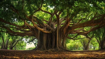 A majestic and towering banyan tree standing prominently above the surrounding trees.