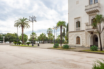 Historical buildings on the streets of a beautiful resort town. A warm autumn day.