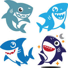set of funny cartoon shark