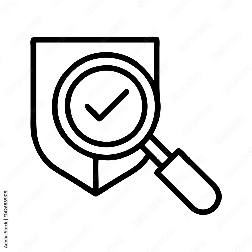 Poster shield security check mark with magnifying glass verification icon for approved protection scan anal