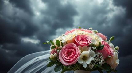 An adorable and charming wedding bouquet with intense dramatic stormy skies, high tension, and cute features.jpg