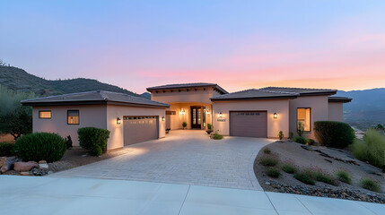 Fototapeta premium Modern House Exterior At Sunset With Mountain View