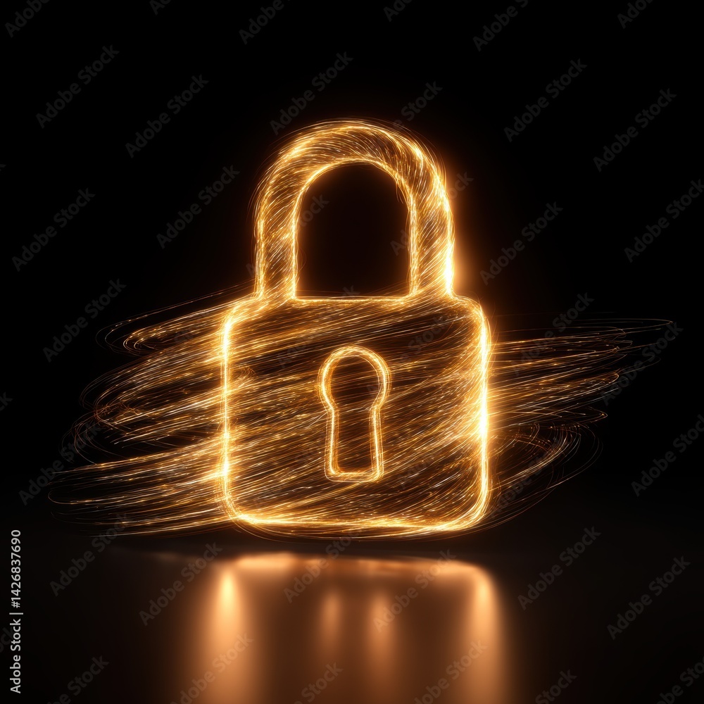 Poster glowing padlock icon representing enhanced security for abstract data streams in the digital realm
