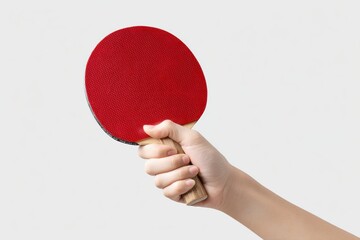 Hand gripping a ping-pong paddle poised to serve with realistic detail isolated on white background