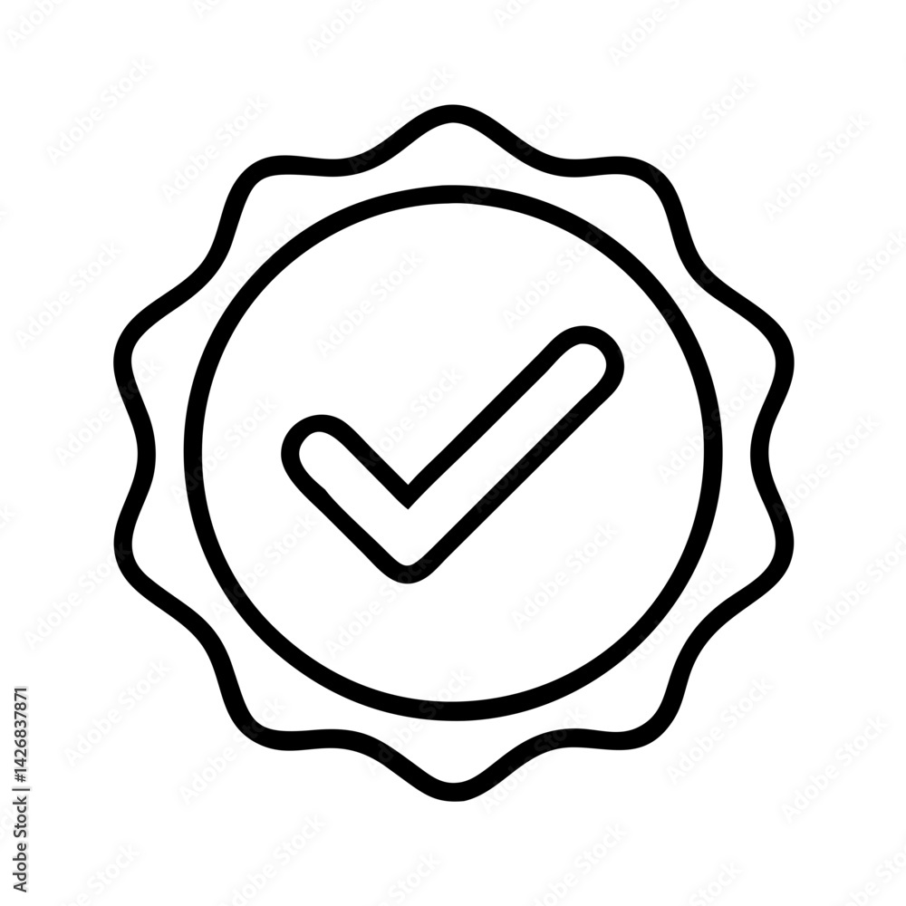Poster check mark vector icon symbol in a badge for approval success and verified quality outline design