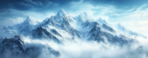 Fototapeta premium Snowcapped Mountain Peaks Above Clouds Under Blue Sky