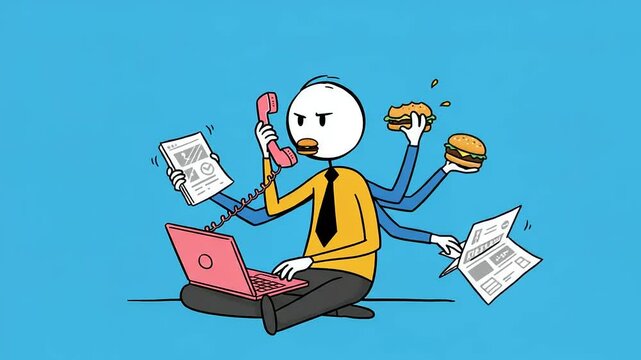Illustration of a multitasking person on a laptop, juggling phone calls and food in a vibrant setting