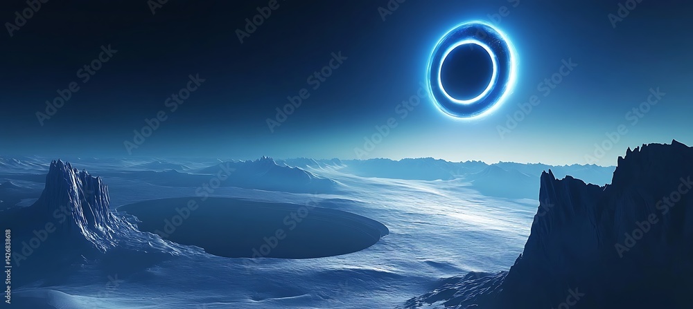 Poster a futuristic eclipse where the moon is an ai-generated holographic display