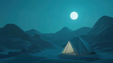 A minimalist 3D scene featuring a beautifully crafted origami camping tent under a bright, glowing moon.