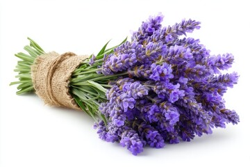 Bundle of lavender flowers showcases rustic charm and intricate texture on a white background