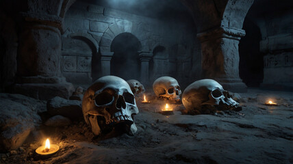 Ancient crypt featuring skulls and candles with eerie atmospheric lighting for horror theme