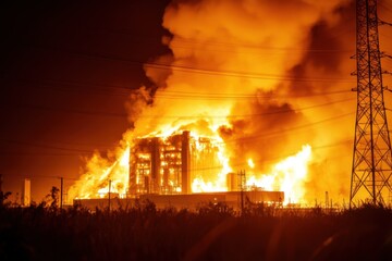 Massive industrial building engulfed in flames at night with thick smoke rising into the sky and power lines in the foreground