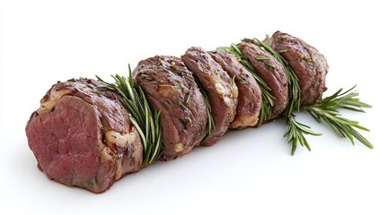 Roasted meat roll with rosemary sprigs on a white surface close up.