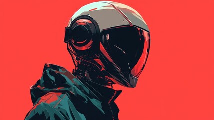 A modern future anime-style illustration features a cyborg robot wearing a sleek jacket and a high-tech mask.