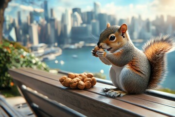 Obraz premium Squirrel eating nuts in a city park setting.