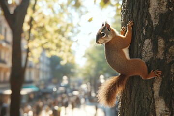 Fototapeta premium Squirrel climbing a tree in sunlight.