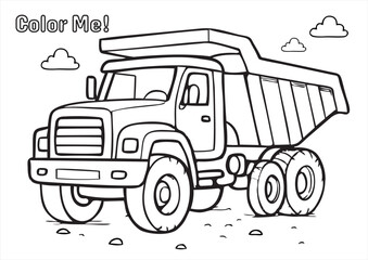 Dump truck coloring page for kids. Simple black and white line art of a construction vehicle with rocks and clouds. Printable activity with 