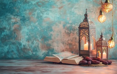 Fototapeta premium Ramadan background, soft pastel colors, with Arabic lanterns, Quran, and dates, copy space for text in studio style, raw.