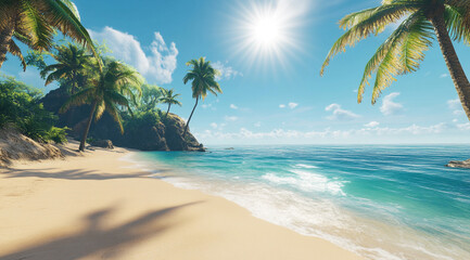 Obraz premium Idyllic Tropical Beach Azure Ocean, Palm Trees, Sunlight, Serene Coastal Landscape