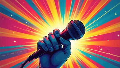 Energetic illustration of hand holding microphone against vibrant colorful background. Concept of performance, entertainment, vocal recording, karaoke, show. Dynamic visual, poster design, music,