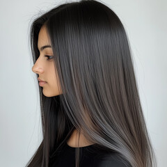 Fototapeta premium A young woman with sleek, straight, dark brown hair poses in profile against a soft, neutral background, showcasing healthy, glossy strands and minimalist elegance.