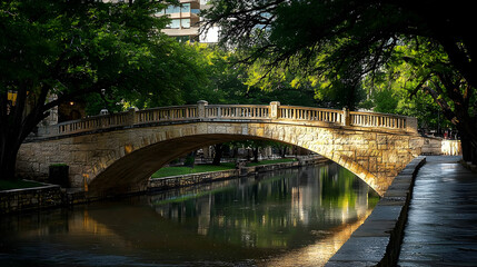 Scenic Stone Bridge Over Canal With Sunlight