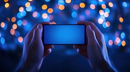 Two hands are holding a smartphone with a blank screen against a backdrop of colorful bokeh lights. This setting creates a warm and inviting atmosphere during the evening
