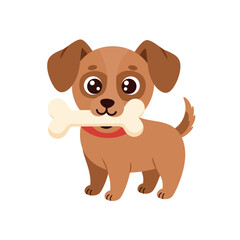 Cute brown dog holding bone in mouth with red collar cartoon vector illustration 
