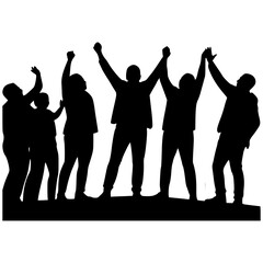 Silhouette of Group of People Celebrating Success with Raised Hands