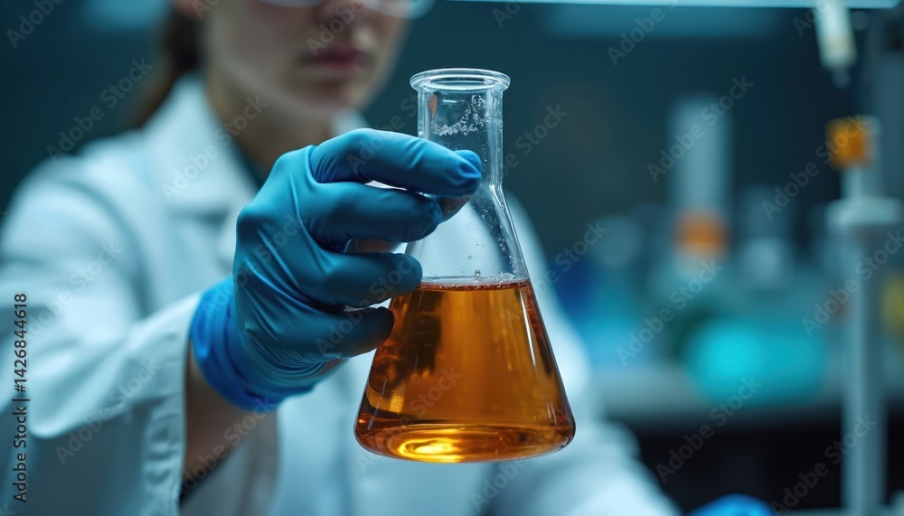 Poster Scientist holds flask with orange liquid in lab. Research testing process involves studying reactions. Chemistry experiment. Science innovation in laboratory with equipment. Discovery healthcare
