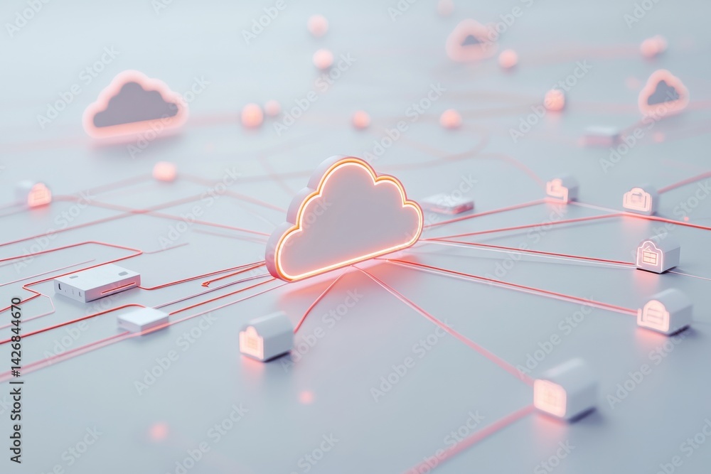 Poster cloud storage concept with glowing cloud icon connected to digital file symbols in a global network 