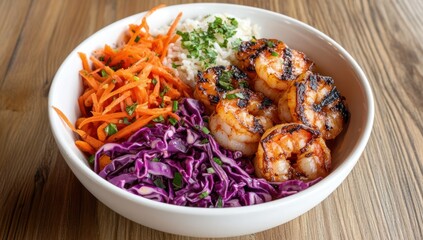 Bowl with rice shrimp shredded carrots and cabbage on a wood surface.