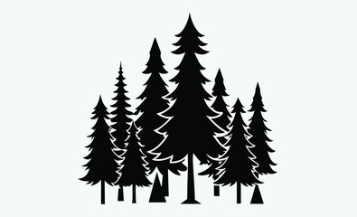 Fototapeta premium Fir trees silhouette, Coniferous spruce horizontal background patterns, black evergreen woods vector illustration. Beautiful hand drawn panorama with treetops forest.