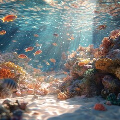 A beach with vibrant coral reefs, clear water filled with colorful fish, the sun filtering through the water, ultra-realistic