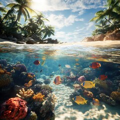 A beach with vibrant coral reefs, clear water filled with colorful fish, the sun filtering through the water, ultra-realistic