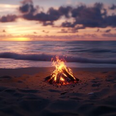 A beachside bonfire at dusk, the flames casting warm light onto the sand while the waves roll gently onto shore, cozy and atmospheric, ultra-detailed