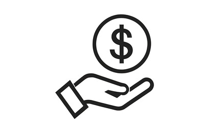 Minimalist Hand Holding Dollar Coin Icon – Financial Support Vector, dollar sign vector, money support,  financial investment, cash assistance, financial help, black and white vector