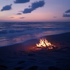 A beachside bonfire at dusk, the flames casting warm light onto the sand while the waves roll gently onto shore, cozy and atmospheric, ultra-detailed