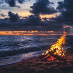 A beachside bonfire at dusk, the flames casting warm light onto the sand while the waves roll gently onto shore, cozy and atmospheric, ultra-detailed